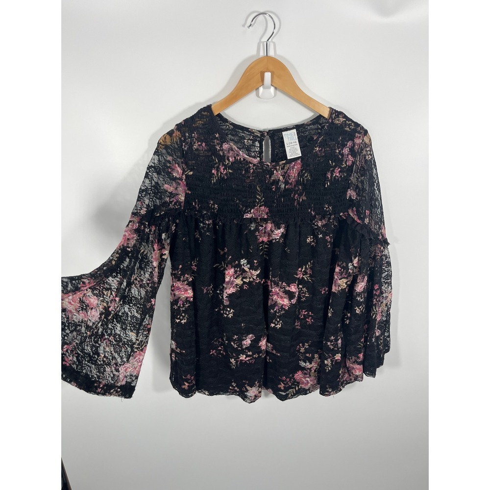 Womens Top L Black Floral Whimsigoth Witchy‎ Dark Fairy Mesh Sheer Flare Sleeve
